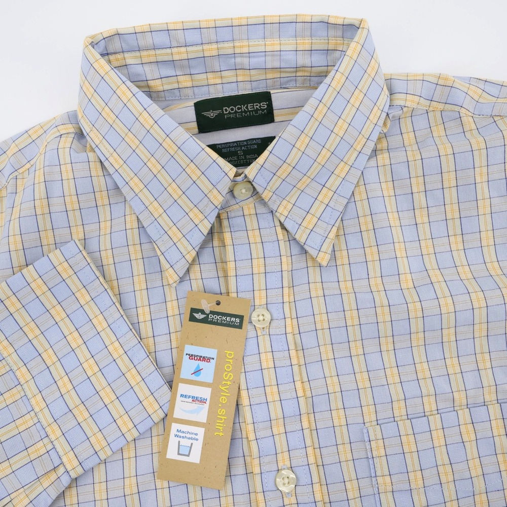 New‎ Dockers Premium Plaid proStyle Shirt Blue Yellow Long Sleeve Mens Small